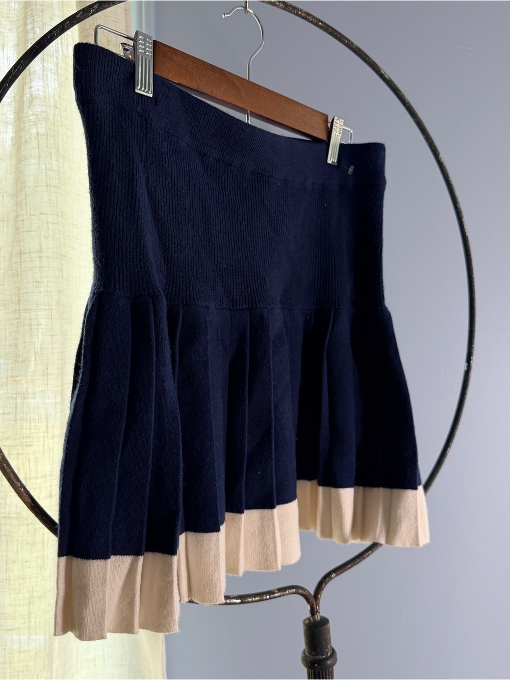 Two-Tone Navy and Cream Pleated Knit Mini Skirt